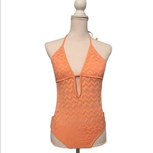 Gianno Bini sexy crochet plunging V-Neck one piece swimsuit in coral (orange).